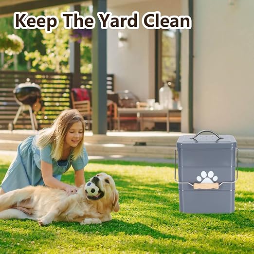 Small Dog Poop Trash Can Outside,1.5Gal/6L Metal Dog Waste Trash Can with Lid/Filter/Handle,Pet Waste Container Bucket with 75 Trash Bags-Gray