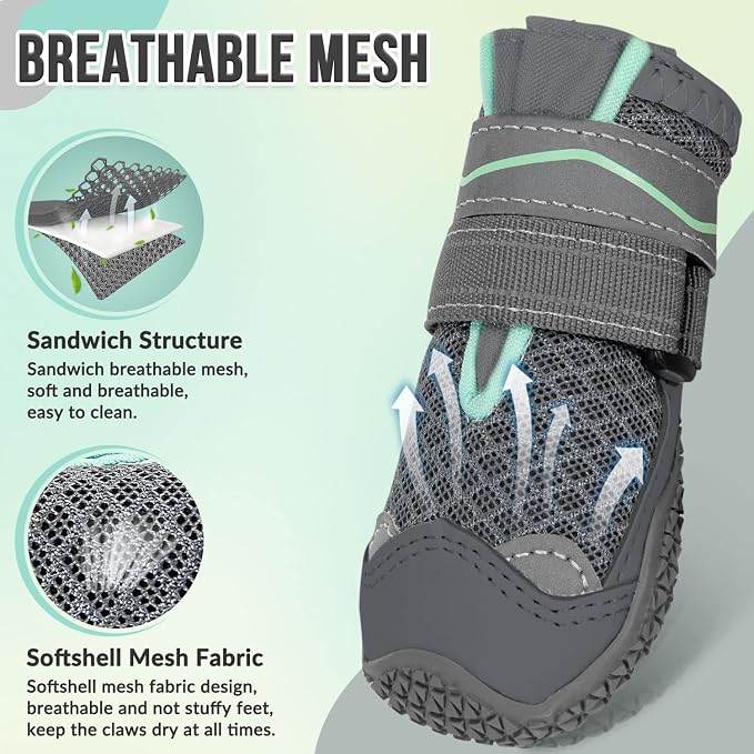 SlowTon Dog Shoes for Large Small Medium Dogs - Breathable Dog Boots for Summer Hot Pavement, Paw Protector for Outdoor Walking Winter Snow, Anti-Slip Rubber Dog Booties for Hardwood Floor (Gray, 0)