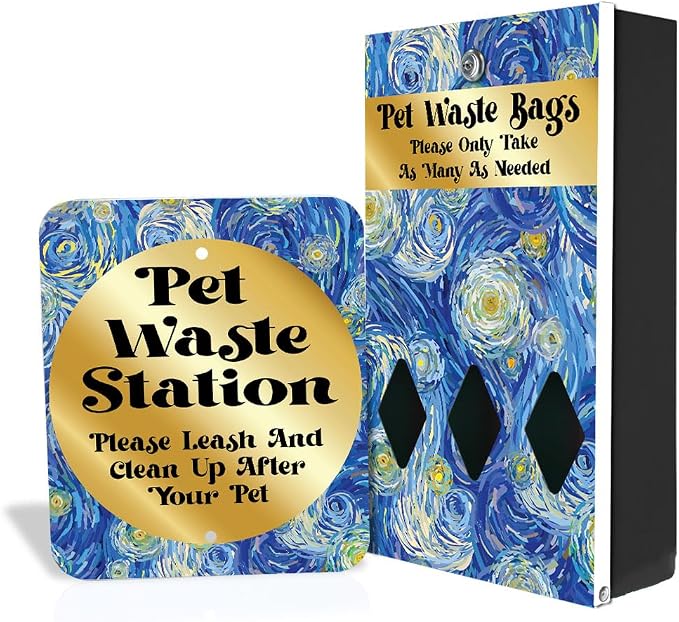 Zero Waste USA - DISPENSE-ART™ Roll Bag Dispenser & Sign - Starry Night | UV-printed roll bag dispenser & matching sign, 400 bags, 25% more storage, mounts to walls, posts & fences