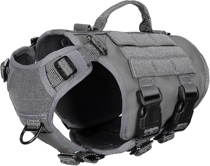 ICEFANG No Pull Tactical Dog Harness for X-Small Dogs,Adjustable Dog Vest | Control Handle,MOLLE Panel,Front Hook,3 Leash Clips,Soft Padded,for walking training,Grey,X-Small