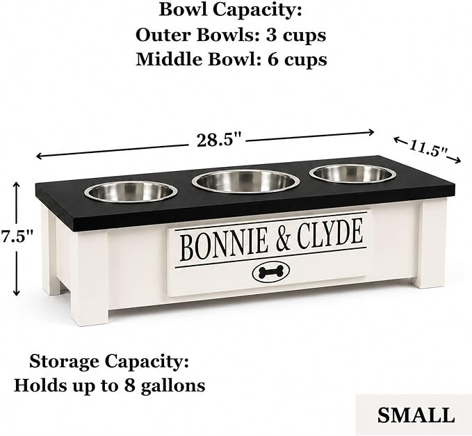 3 Bowl Dog Feeding Station, Personalized Triple Bowl Food Stand Small Dogs | Farmhouse Style, Elevated Wood Stand, Storage Container, Stainless Steel Bowls, Raised Feeder, Small Breed, Made in USA