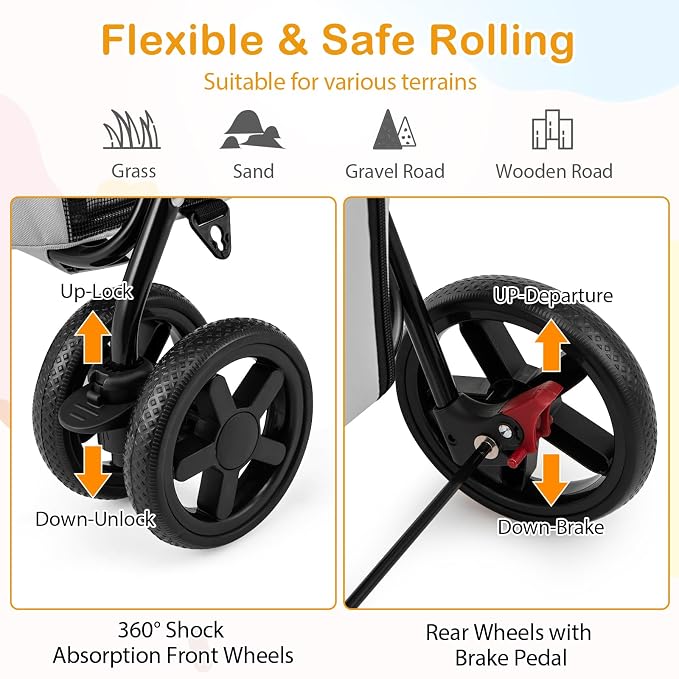Giantex Double Pet Stroller with 2 Detachable Carrier Bags, Safety Belt, 4 Lockable Wheels, Folding Cat & Dog Stroller for Small Medium Pets, Cats Dogs Puppy Travel Strolling Cart (Gray)