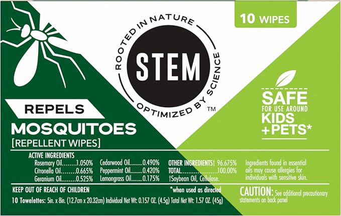 STEM Mosquito and Tick Repellent Wipes with Botanical Extracts - 10 Wipes (Pack of 8)