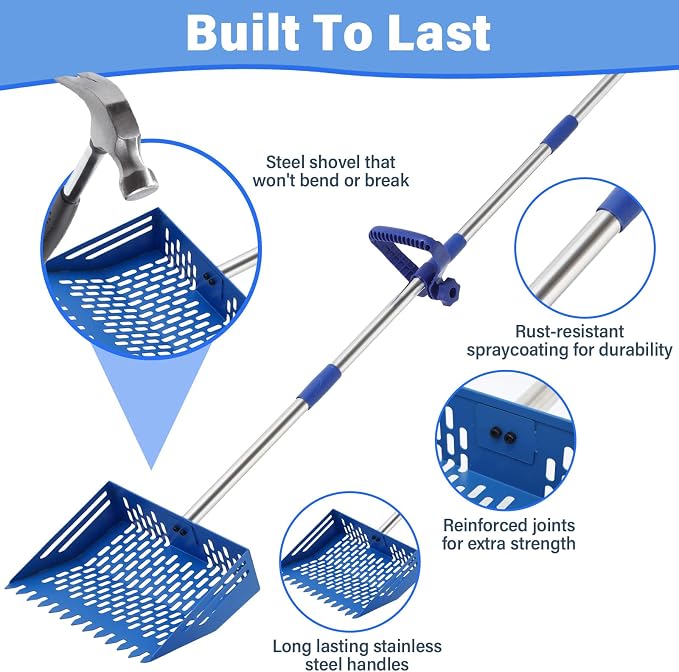 Linidcoud Chicken Poop Scooper, 10 Inch Metal Long Handle Chicken Coop Sand Pooper Scooper & Rake Adjustable Length, Durable Dog Pooper Scooper for Yard Farm Coop Accessories(Blue)
