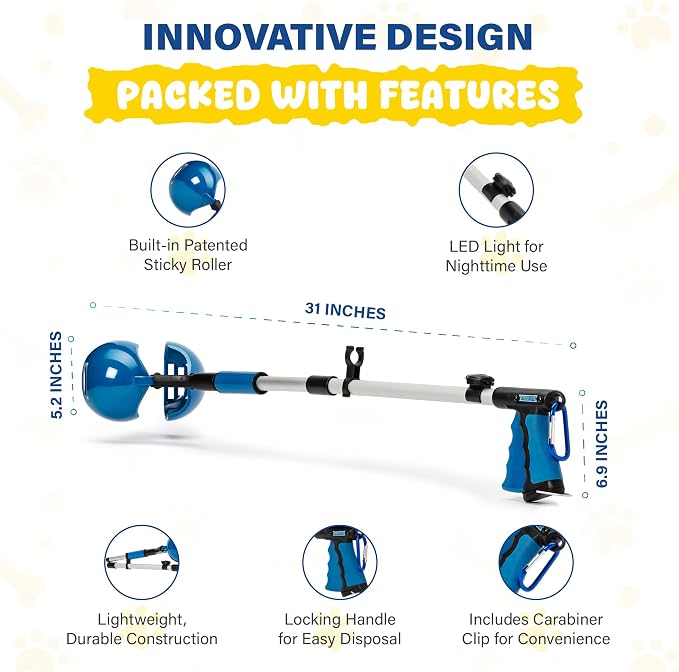 Dog Pooper Scooper 3 Tools in 1, Portable Pooper Scooper for Large & Small Dogs | Long Handle Poop Scooper for Dogs | Durable & Easy-to-Use Poop Scooper for Yard with Sticky Roller Feature