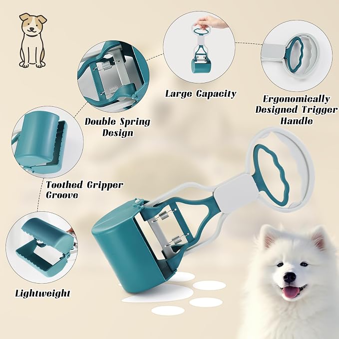 Andiker Dog Pooper Scooper with Short Handle, 10.23" Tall Dual-Spring Pet Pooper Scooper with 1 Roll of Dog Poop Bag and a Dispenser Easy to Use Dog Poop Scooper for Yard Picking Waste Up (Dark Blue)