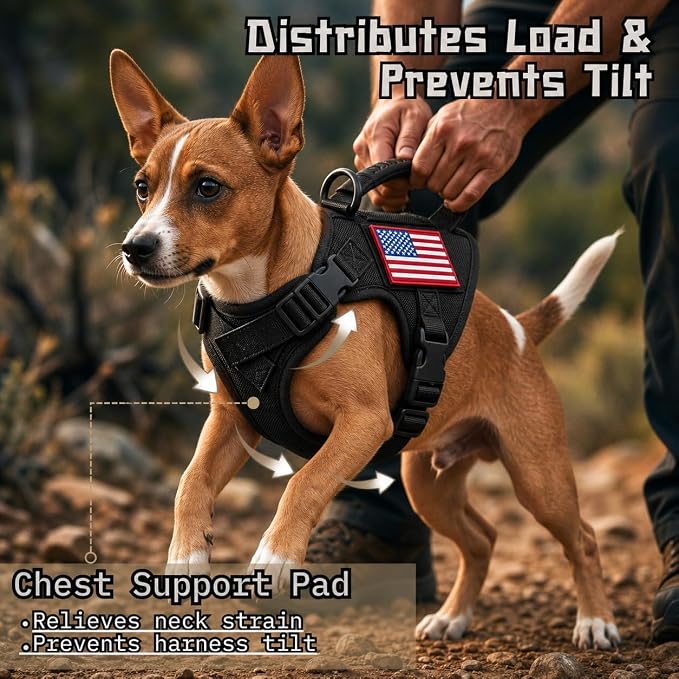 Tactical Dog Harness for Small Puppy, Escape Proof No Pull Military Dog Vest with Vertical Handle, Adjustable XS Puppy Harness with Chest Support Pad, Breathable Mesh, 2 Patches, Black