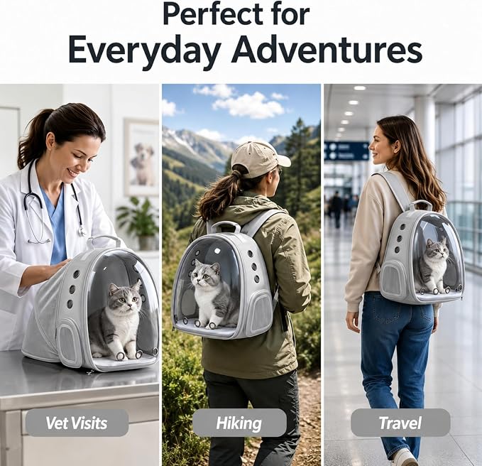 Expandable Cat Carrier Backpack for Cats & Dogs, Bubble Window Pet Travel Backpack with Breathable Mesh, Anti-Collapse Structure, Side Door, Safety Leash, for Vet Visits, Hiking, Outdoor, Grey