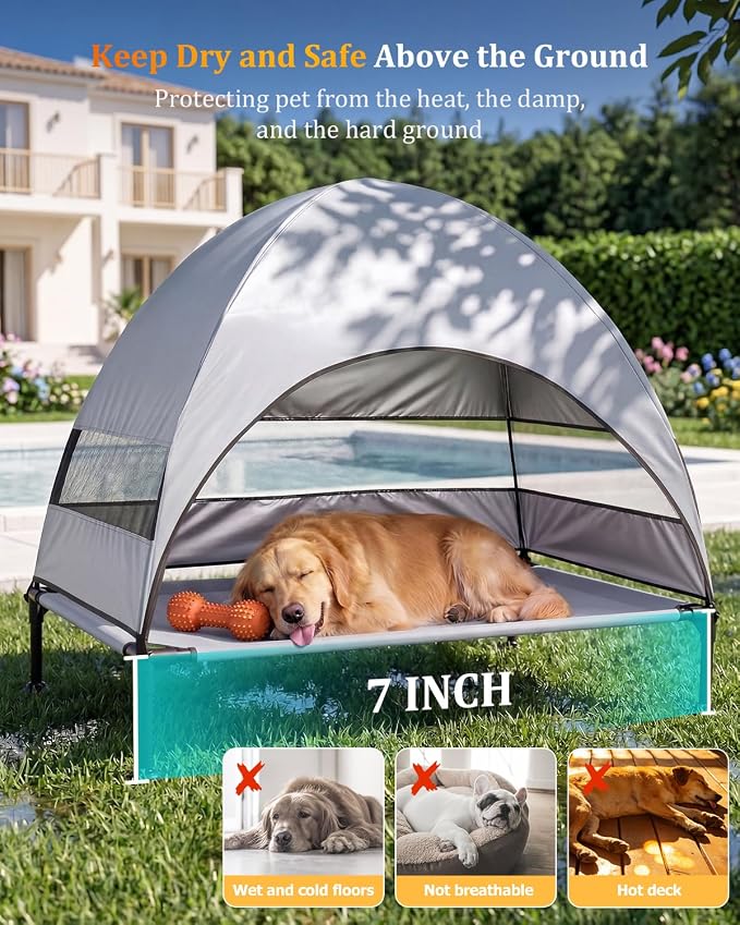 Elevated Outdoor Dog Bed with Canopy, Raised Dog Cot with Stable Adjustable Feet, Dog Camping Bed with Larger Shade, Lifted Dog Tent Bed with Canopy for Outside