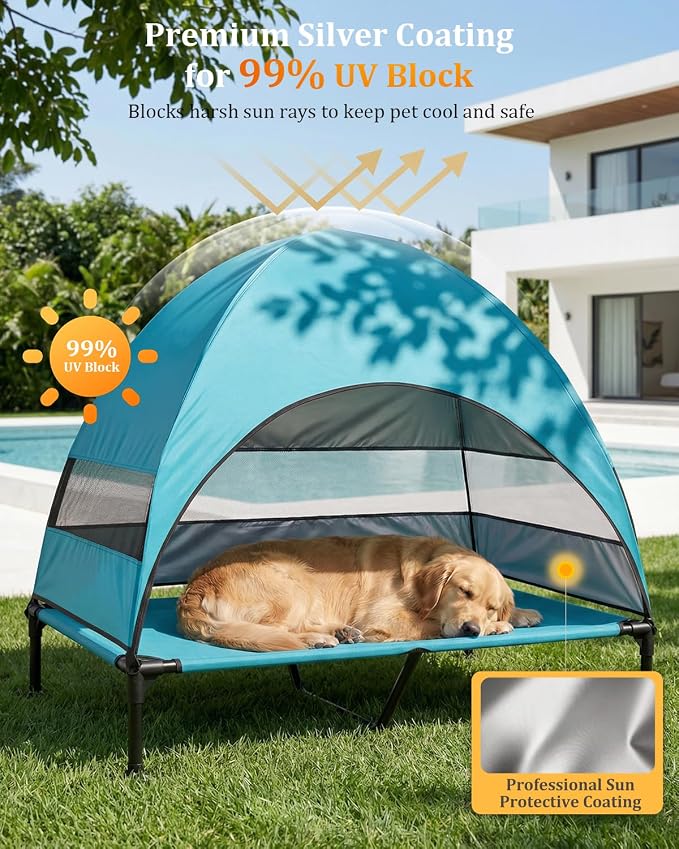 Elevated Dog Bed with Canopy - 3-Sided UV Protection Pet Tent with Wider Shade, Raised Cooling Outdoor Dog Cot with Breathable Mesh for Medium Large Dogs, Portable Bed for Camping, Patio (Aqua, XL)