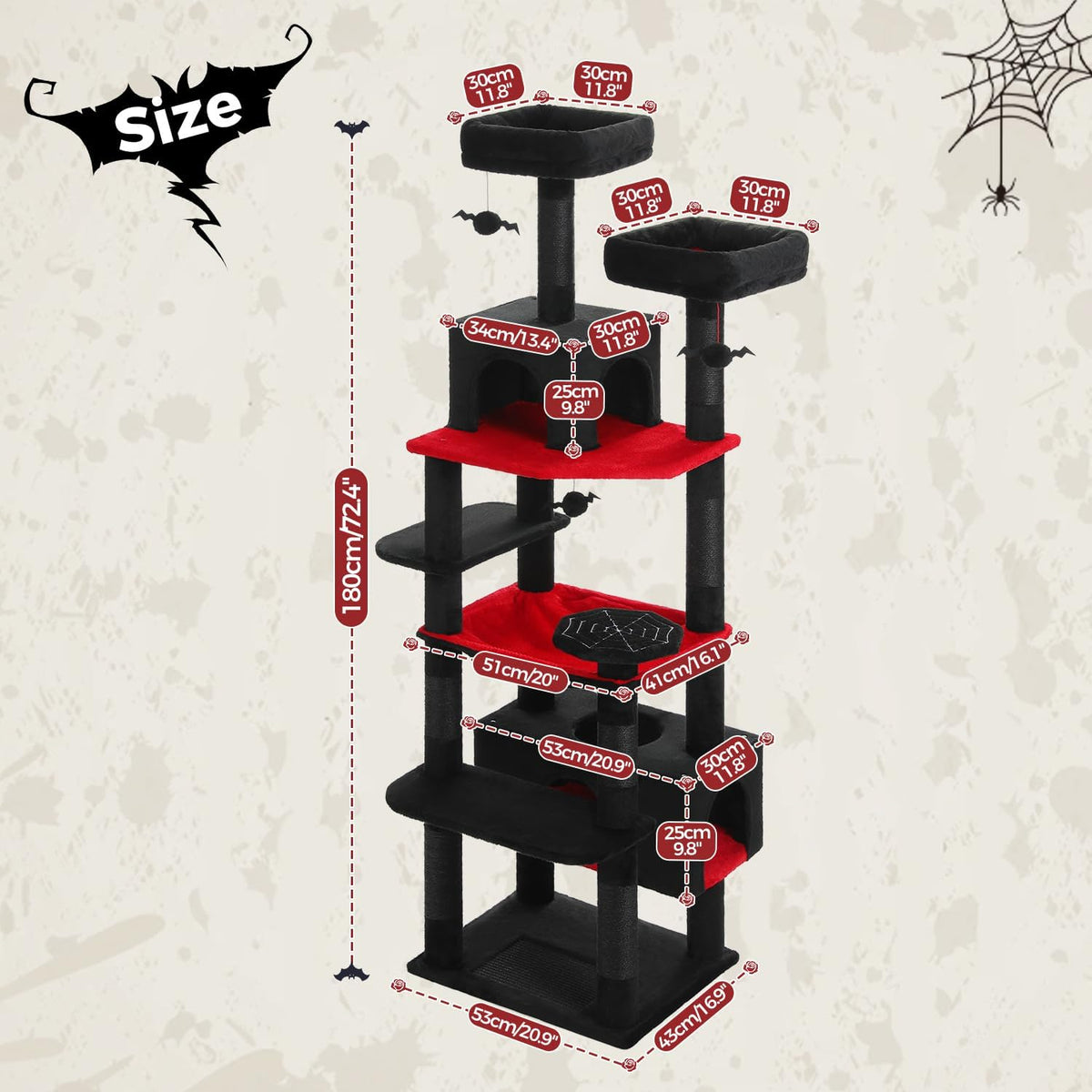PAWZ Road Large Cat Tree, 72 Inches Gothic Cat Tower for Large Cats, Cat Condo with Sisal-Covered Scratching Posts and Pads, 2 Padded Perch, Dual Condo and Basket for Indoor Cats-Black