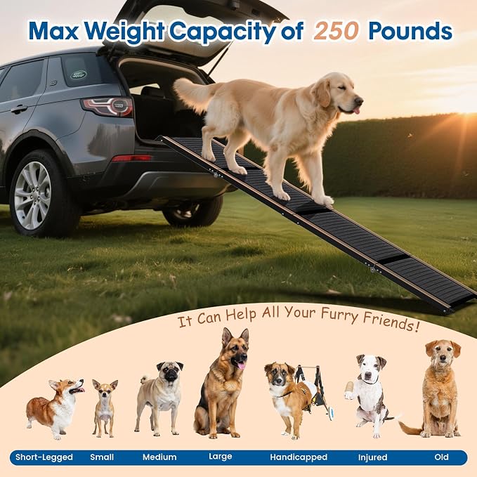HBTower 71" L x 17.3" W Folding Dog Car Ramp for Large Dogs Up to 250 LBS | Extra Wide Dog Car Ramps, Portable Pet Ramp with Non-Slip Surface, Collapsible Design for SUV, Truck & High Beds