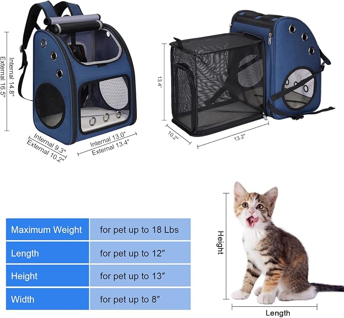 Expandable Cat Carrier Backpack,Large Space,Airline Approved,18 lbs | Portable Pet Carrier Backpack with Super Ventilated, Ideal for Traveling/Hiking /Camping/ Vet, Blue