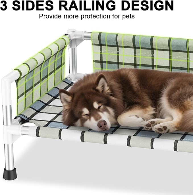 Elevated Dog Bed with with Guardrail, Raised 3-Fence Dog Hammock Bed | Breathable Lifted Stainless Steel Frame Dog Bed for Medium Pets, Cooling Washable Dog Cot