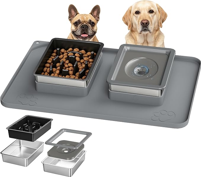 Dog Bowl Set, No Spill Dog Water and Food Bowl with Slow Feeder | Large Capacity 304 Stainless Steel Bowls, 3-In-1 Set, Slow Drinking, Anti-Slip Mat, Easy to Clean, Home/Travel, 6-7 Cups