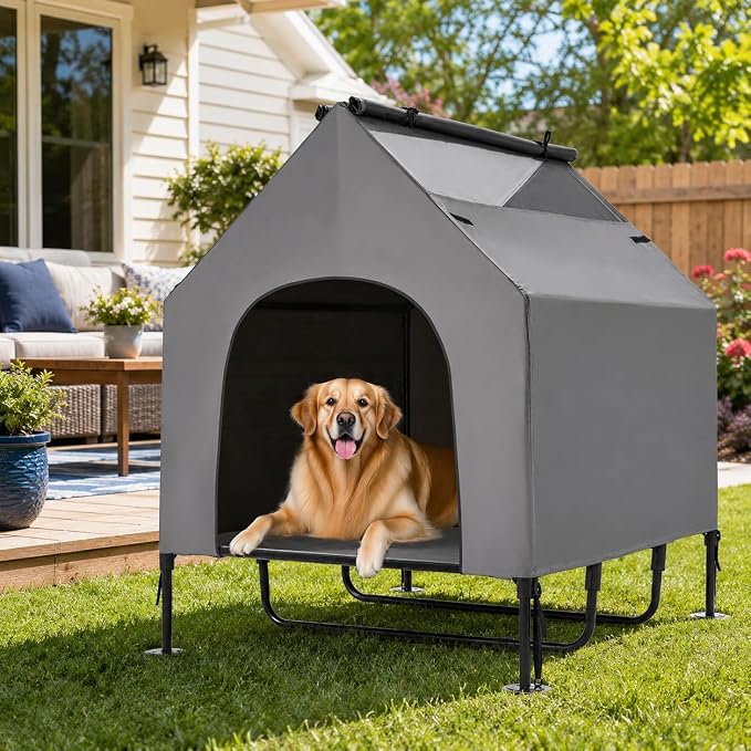 Erinnyees 48" Large Dog House Outdoor for Large Dogs, 2-in-1 Waterproof Dog House & Elevated Dog Bed with Removable Canopy, Breathable Mesh Windows, Steel Frame Dog Tent for Patio Backyard Camping