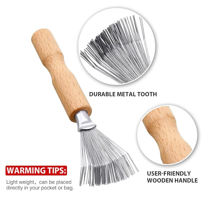 Boao Hair Brush Cleaner, 2 Pieces Mini Hair Dirt Remover Brush with Metal Wire Rake, Wooden Handle for Home and Salon Use(Handle with Groove) | Hair Brush Cleaner Tool，Comb Rake Cleaning Kit, Removes Hair Lint Dirt, Grooved Grip Handle, Salon Home Use