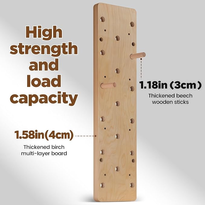 Extra-Thick Birch Climbing Peg Board for Wall Mounting, Heavy-Duty Wooden Climbing Board with Beech Grips & Rock Climbing Hold Inserts for Indoor Home Gym