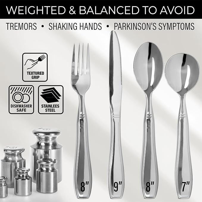 Weighted Utensils for Hand Tremors and Parkinson's Patients - 4 Piece Set Weighted Silverware for Elderly, Arthritis, Weak Hand Grip - Convenient Travel Bag, Stainless Steel, 7 Oz