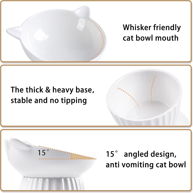 Ceramic Raised Cat Bowl，Tilted Raised Bowl Anti Vomit for Indoor Cats Whisker Friendly Pet Feeder for Cats Puppies, Microwave and Dishwasher Safe (White-2 Pack)