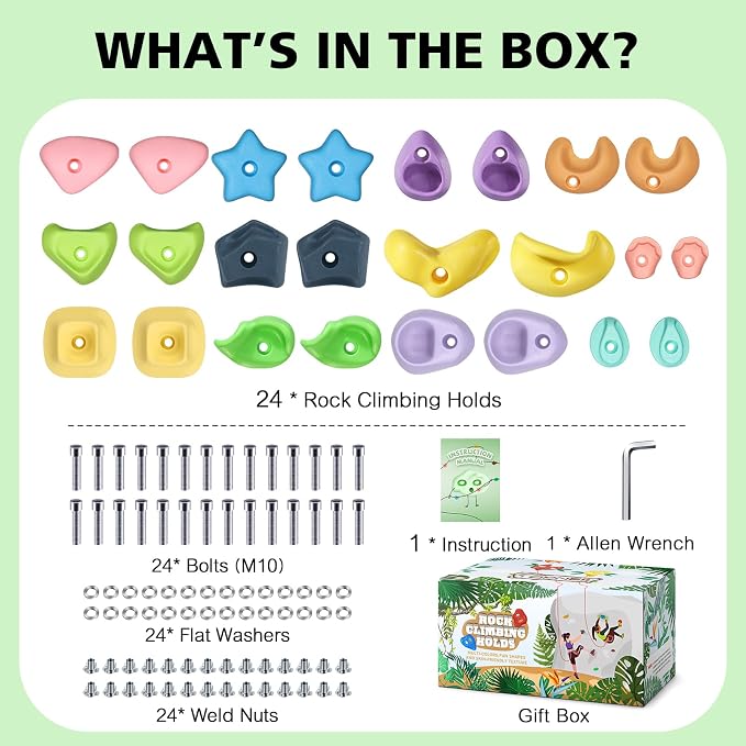 TOPNEW Climbing Holds for Kids, Rock Wall Holds with Hardware - Climbing Rocks for Indoor Outdoor Playground Climbing Wall (24 Pcs)