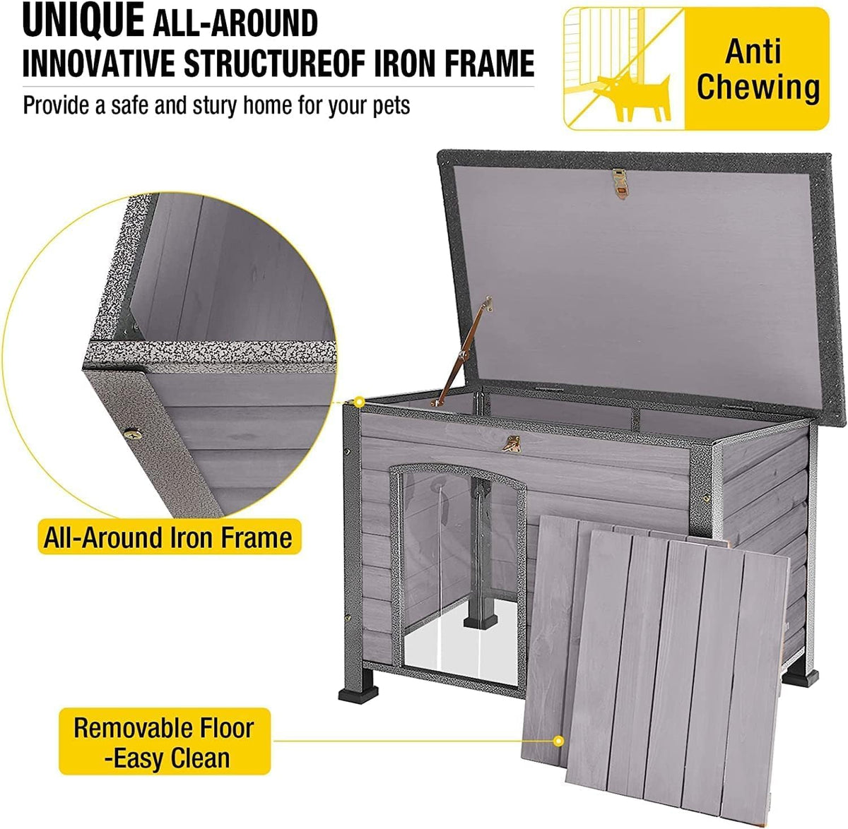 Aivituvin Dog House Outdoor Indoor Weatherproof Dog House for Small & Medium & Large Dogs with Unique All-Around Iron Frame＆Raised Feet（Grey）