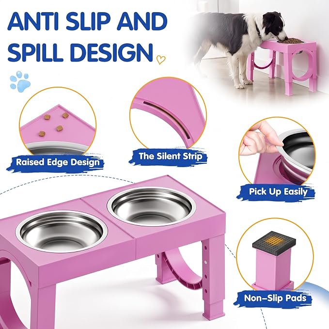 XIAZ Elevated Dog Bowls Large Breed Raised Dogs Bowl Stand Large/Medium Sized Dog Stainless Steel Food Water Bowl Stands 5 Heights Adjustable 9/11/12/14in Pet Feeder Dish Station
