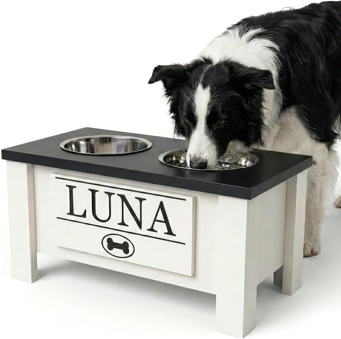 Elevated Dog Bowls, Personalized Raised Dog Bowl Stand for Medium Dogs | Farmhouse Style, Elevated Wood Stand, Storage Container, Stainless Steel Bowls, Raised Anti-Slip Feeder, Made in USA