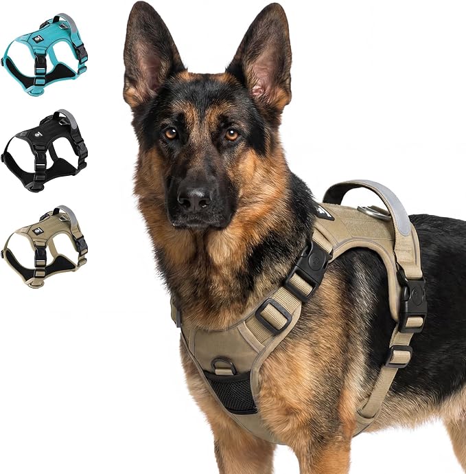 Heavy Duty Dog Harness for Large Dogs, No Pull Tactical Reflective Vest | 3 Point Locking Buckles, Dual Leash Clips, Handle, Reflective Strips, Hook & Loop Panel, Metal D Ring, Adjustable (Khaki)