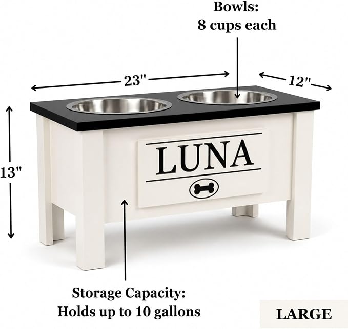 Elevated Dog Bowls for Large Dogs, Personalized Food Stand for Large Breed | Farmhouse Style, Elevated Wood Stand, Storage Container, Stainless Steel Bowls, Raised Anti-Slip Feeder, Made in USA