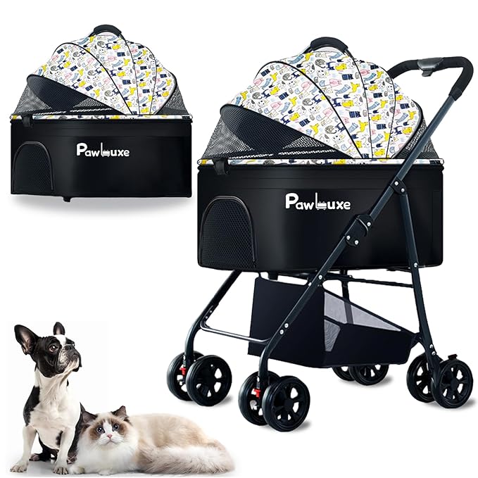 4 Wheels Pet Stroller 4 in 1 Pet Stroller with Detachable Carrier for Small & Medium Dogs Cats up to 55 lbs Easy-Folding Travel Dog Wagon with Car Seat Breathable Mesh,White Cartoon