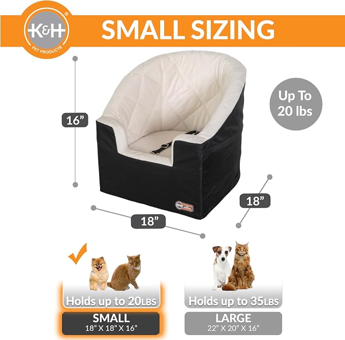 K&H Dog Car Seat, Bucket Booster for Cats & Dogs, Small, Black/Cream | Collapsible Dog Car Seats for Small Dogs. Seat Belt Secured, 2 Safety Leashes, Washable Covers