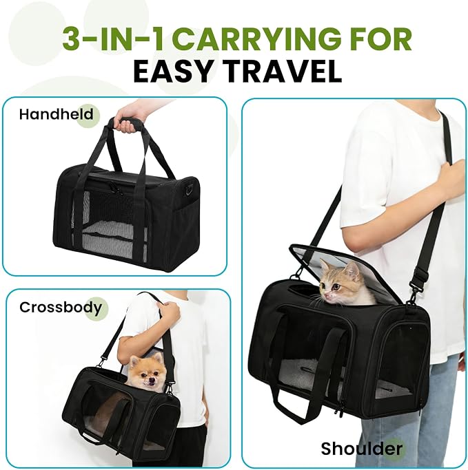 Soft-Sided Cat Carrier Expandable Pet Carrier Airline Approved Mesh Travel Carrier Up to 22lbs for Cats Small Dogs Collapsible Escape-Proof with Shoulder Strap Washable (20x13x13 Black)