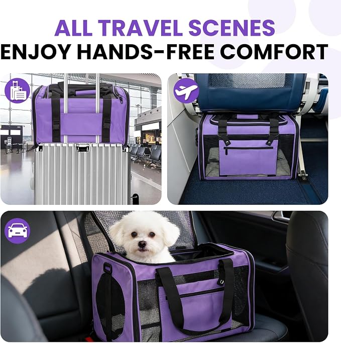 Soft-Sided Cat Carrier Expandable Pet Carrier Airline Approved Mesh Zipper with Lock Travel Carrier Up to 15lbs for Cats Dogs Collapsible Escape-Proof with Strap (18x11x11 Purple-L)