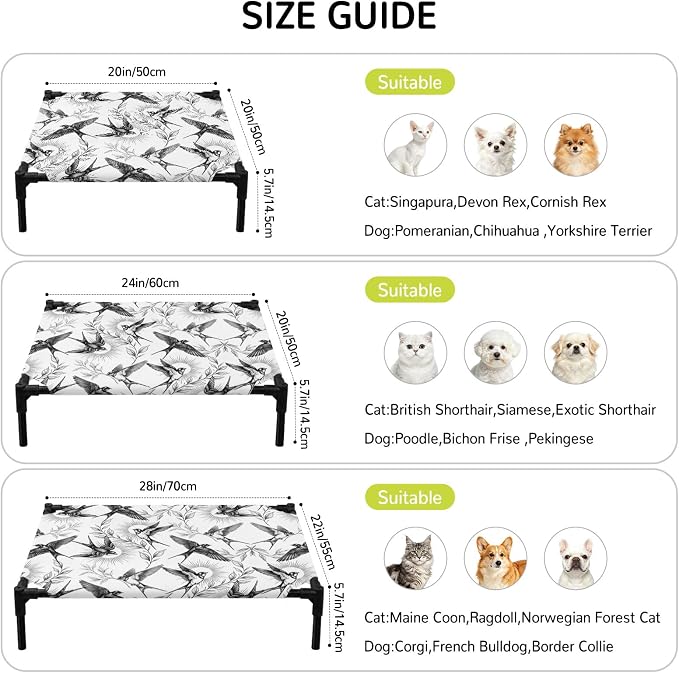 Outdoor Elevated Dog Bed for Medium Dogs, Birds Leaves Breathable Cooling Raised Dog Cot for Indoor/Outdoor, Spring Farmhouse Botanical Animals Vines Waterproof Elevated Pet Beds, M 24 x 20 in