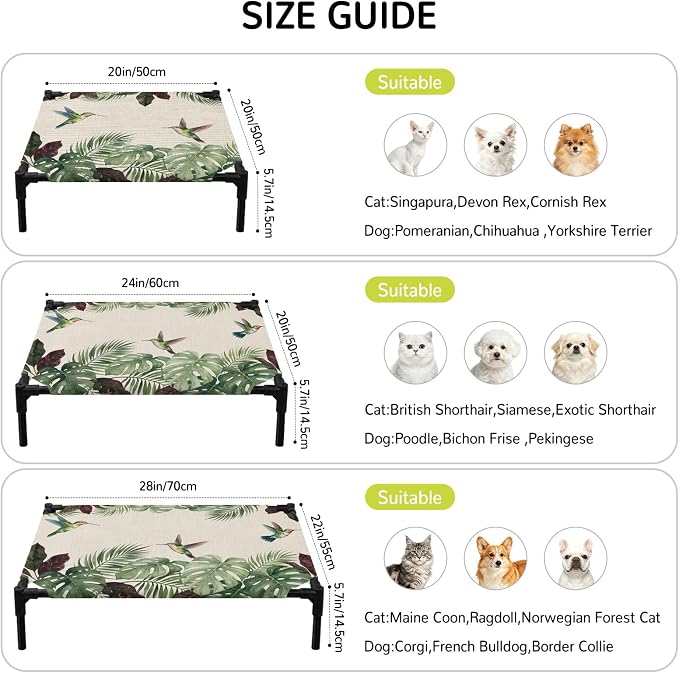 Outdoor Elevated Dog Bed for Large Dogs, Summer Hummingbirds Breathable Cooling Raised Dog Cot for Indoor/Outdoor, Tropical Palm Leaves Farmhouse Rustic Waterproof Elevated Pet Beds, L 28 x 22 in