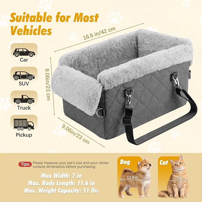VavoPaw Center Console Dog Car Seat for Small Dogs&Cats Under 12 LBS | Puppy Car Seats with Non-Slip&Strong Support,Anti-Collapse Portable Pet Bed for Puppies with Soft Cushion Safety Belt,Gray