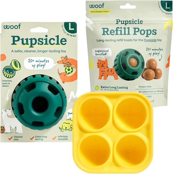 WOOF Starter Pack Dog Treat Toy for Large Dogs 25-75 lbs | Long-lasting enrichment kit, Pupsicle toy included, reusable treat mold, chicken Pops, DIY frozen treats