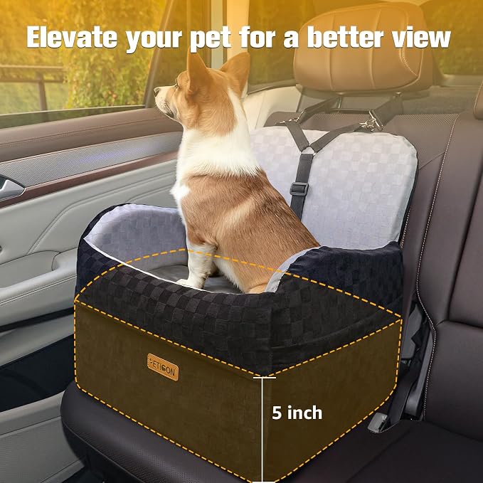PETICON Waterproof Dog Car Seat for Small Medium Dogs, 5in Memory Foam | Pet Booster Seat for Dogs up to 35 lbs with Pockets, Detachable Washable Pet Carseat with Y-Shape Safety Belt