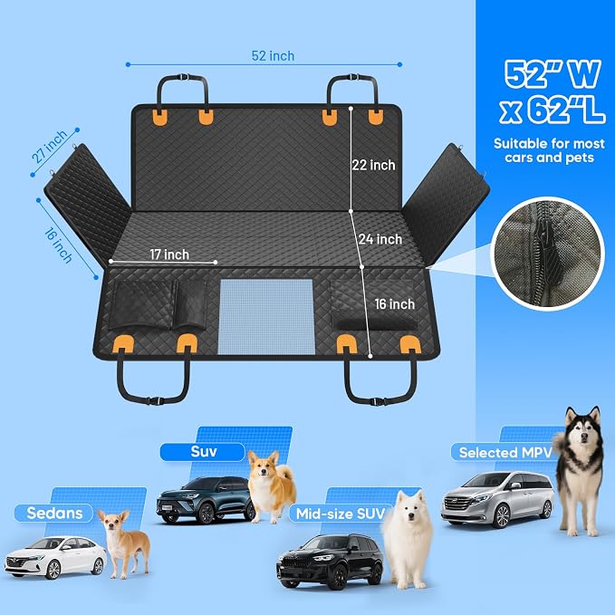 Dog Car Seat Cover for Back Seat,Hard Bottom Hammock Hold 400lbs For Cars | Hold 400lbs,Waterproof,Anti-Scratching,Safety Non-Slip,600D Oxford,Mesh Window,Storage Pocket,for Cars/SUV/ Sedans/MPV