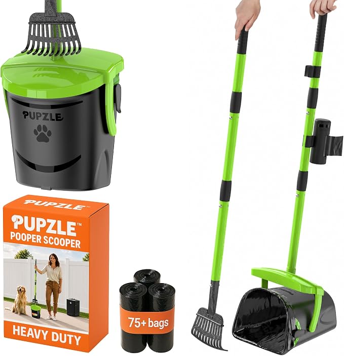 Pupzle Dog Pooper Scooper with Bag Attachment, 40" Long Handle Pooper Scooper for Large Dogs, Dog Poop Scoop for Yard, Large Capacity Swivel Bin and Rake, Lavender Scented Bags (Green)