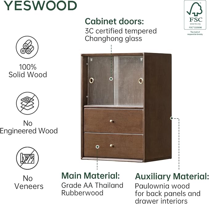 YESWOOD Modular Bookcase Storage Cubes, 100% Solid Rubberwood TV Stand Free Combination, Small Walnut Color Buffet Cabinet for Living Room Bedroom Study