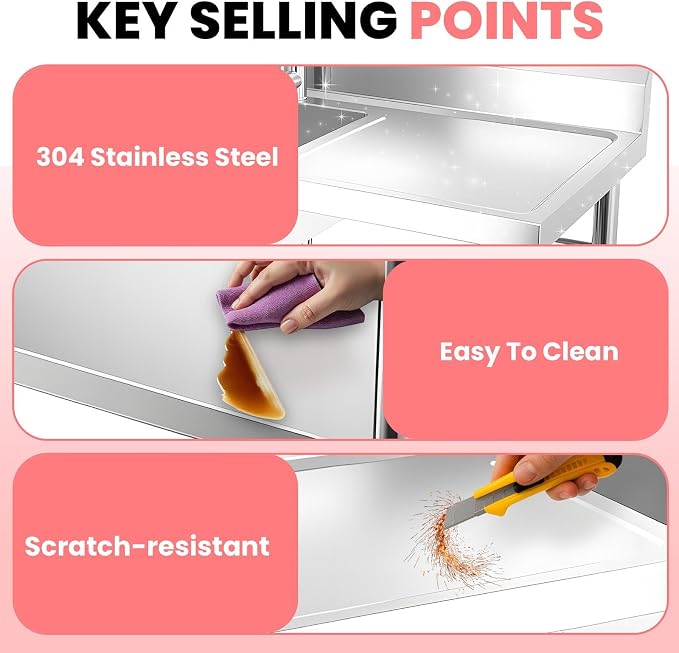 304 Utility Sink, Stainless Work Prep Table, Slop Tub for Garden, Chef