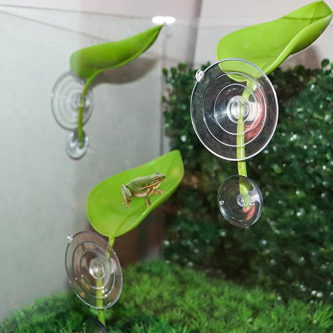 3 Pack Plastic Leaf Decorations with Suction Cups, Frog Habitat Platform, Reptile Decorations for Terrarium, Frog Tank Accessories, Terrarium Decor for African Dwarf, and Toad (Green)