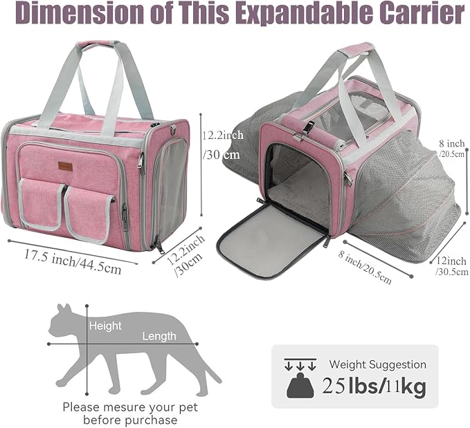 Cats Carrier for Small Dogs Puppy Cat Bag Expandable,Airline Approved,2 Sides Expand,Rabbit Bunny Pets Carriers Small Animals Travel Outdoor Carry Kennel (Pink)