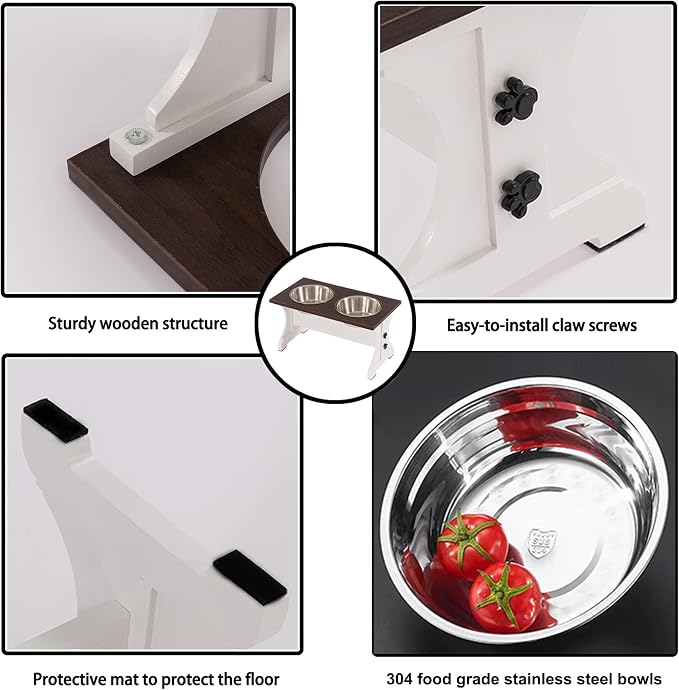 Piskyet Elevated Dog Bowls,Dog Bowl Stand, 7 Cups 11" H_55 oz Bowl-White | White Dog Bowls Stand, Raised Dog Bowl with 2 Stainless Steel Wooden Dogs Bowls for Medium Size Dogs