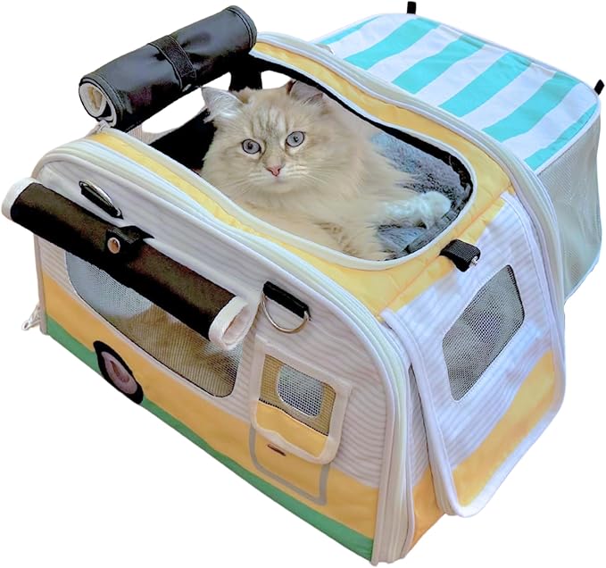Kittyrama Soft-Sided Airline Approved Cat Carrier with Expandable Hideaway | Escape-Proof SBS Self-Locking Zippers | 22 lb Capacity | Vet Approved | Top & Side Entry | 17×11×11 in