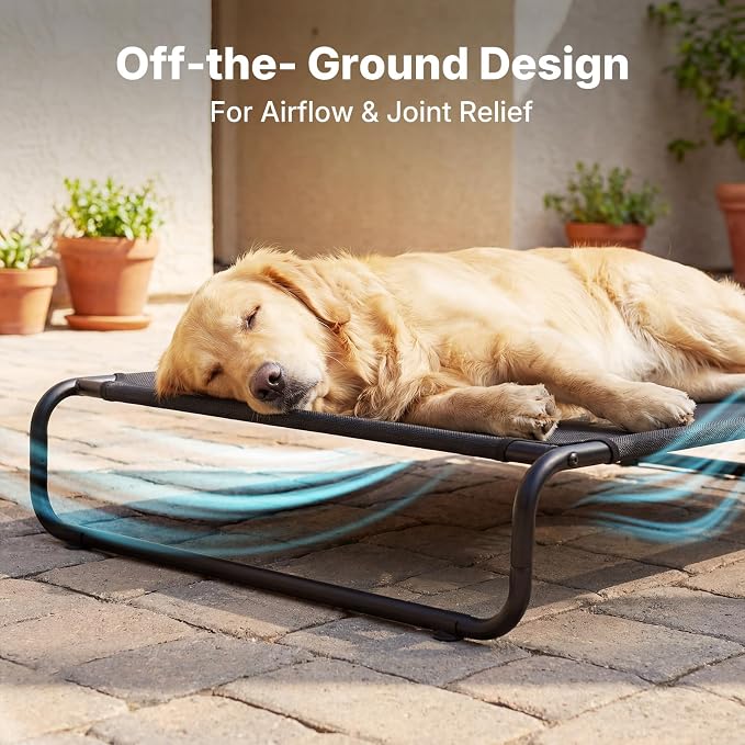Veehoo Cooling Elevated Dog Bed, Outdoor Raised Dog Bed for Large Dogs | Dog Cot with Thickened Frame, Durable Teslin Mesh & Anti-Slip Rubber Feet, Pet Hammock for Indoor or Camping, 49", Black
