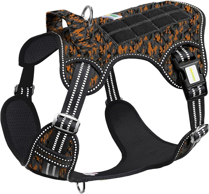 Homapet. Tactical Dog Harness with Dual Leash Attachment Points, Adjustable and Reflective Military Grade Dog Vest with Comfort Control Handle (ORNG BLK CAMO-S)