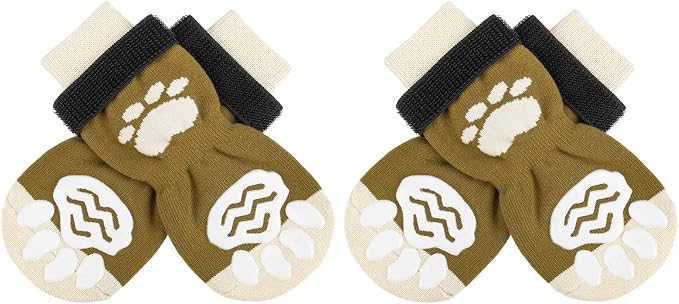 PUPTECK Anti-Slip Dog Socks with Double Sides Grips for Small Medium Large Dogs Hardwood Floors Prevents Licking, Dog Shoes for Hot Pavement Traction Control Paw Protector for Senior Dogs, Brown S